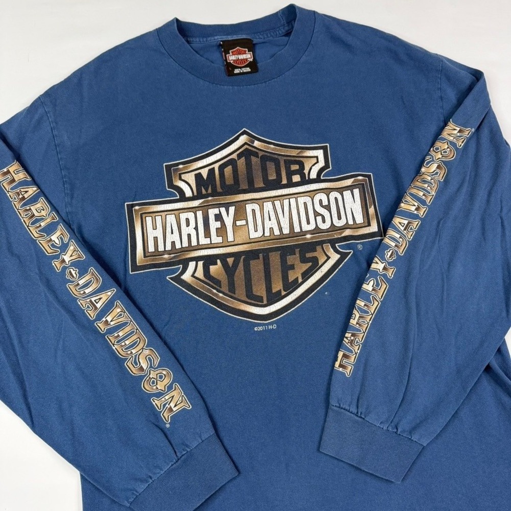 Harley Davidson Long Sleeve Shirt Mens Large Blue Distressed Y2K 2011